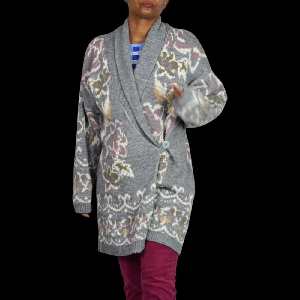 Vintage Shawl Collar Wrap Cardigan Sweater Duster Grey Tapestry Long One Size